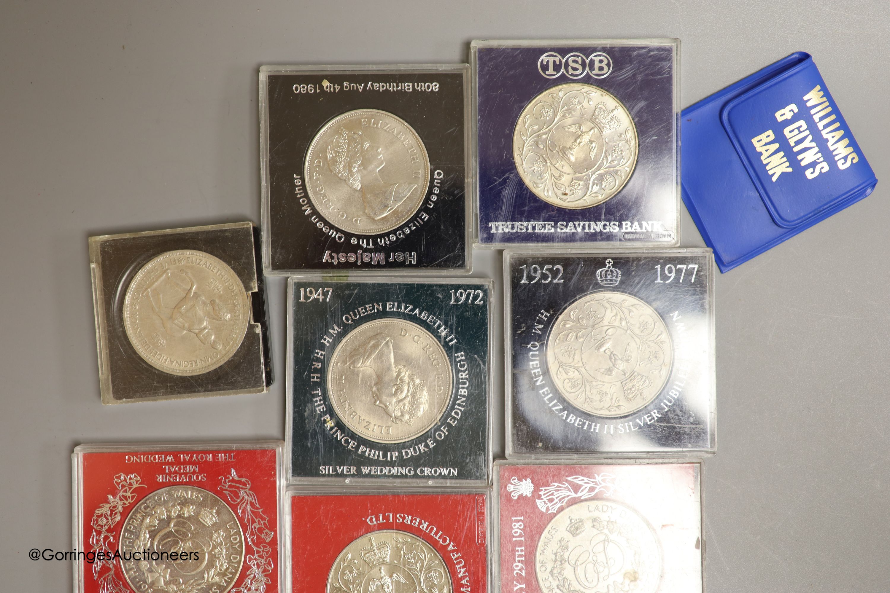 A collection of mostly Royal Mint UK commemorative coins and cover and five UK Brilliant Uncirculated coin collections for 1984 x2, 1986 x2 and 1987.